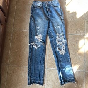Cello Distressed High Risw Straight Leg Jeans - Blue
